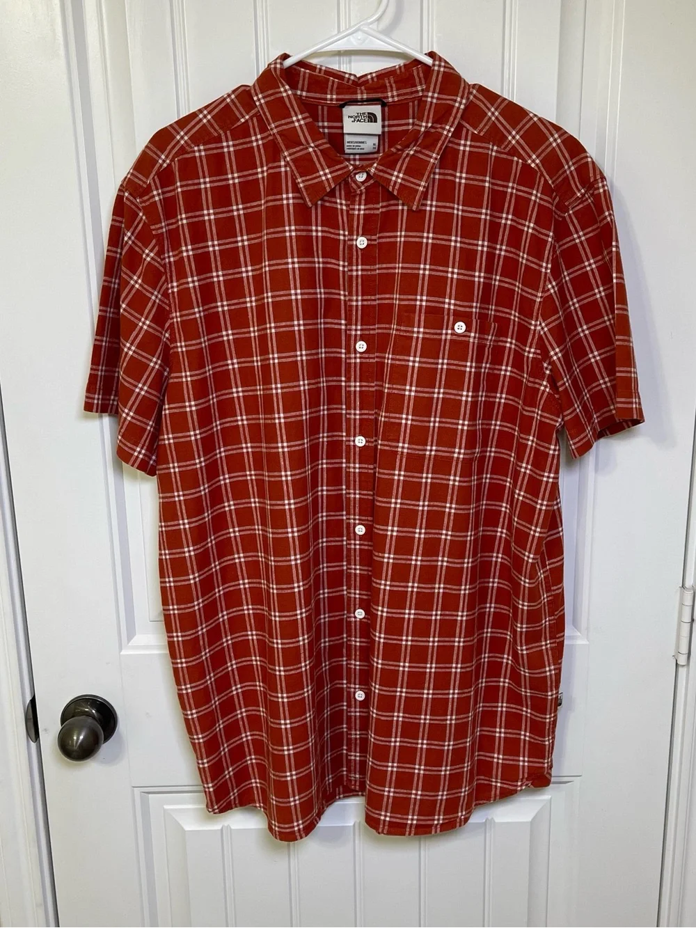 The North Face Men's XL Plaid Button Down Shirt Short Sleeve Rust Orange/White